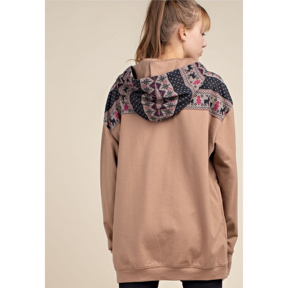 **CLEARANCE** Reindeer Hoodie Sweatshirt in Mocha - Picture 2 of 3